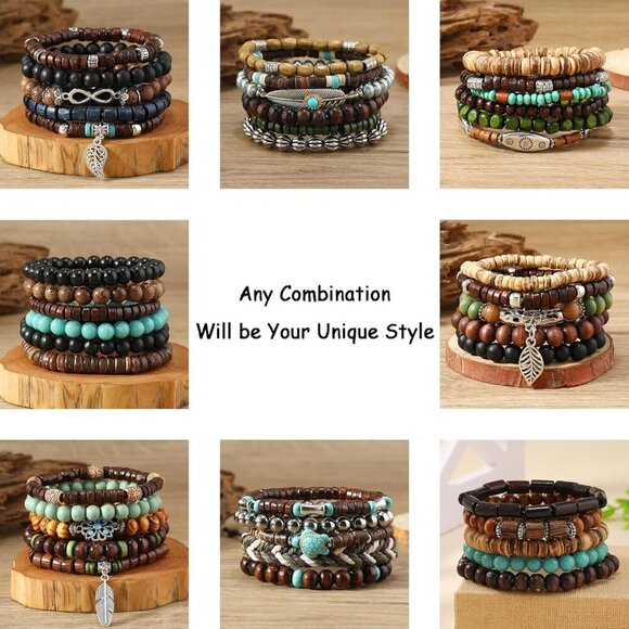 Gothic Wooden Beaded Bracelet Collection - 43-Pcs Adjustable Wristbands for Men - Picture 4 of 6